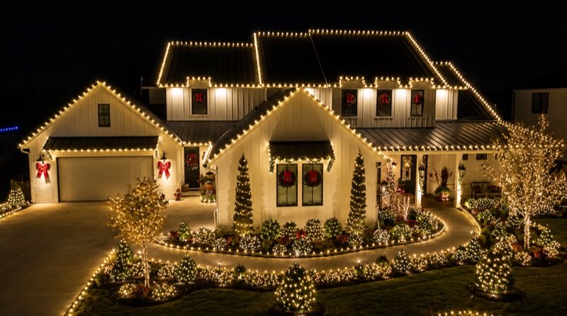 Warm white Christmas lights on farmhouse