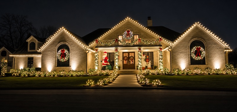 Warm white lights with wreaths and holiday decor