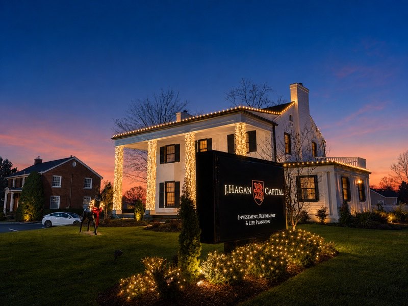 Commercial holiday lighting on a bank building